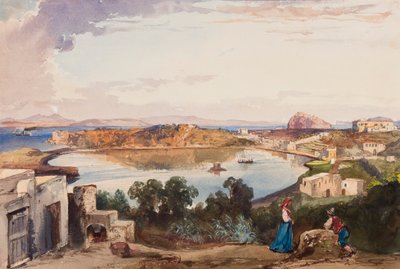 Ischia, la caldera justo antes de que se cortara la entrada al mar, Palacio Real a la derecha, con adiciones del Príncipe Alfonso María di Borbone (1841-1934), 1853 de Giacinto Gigante